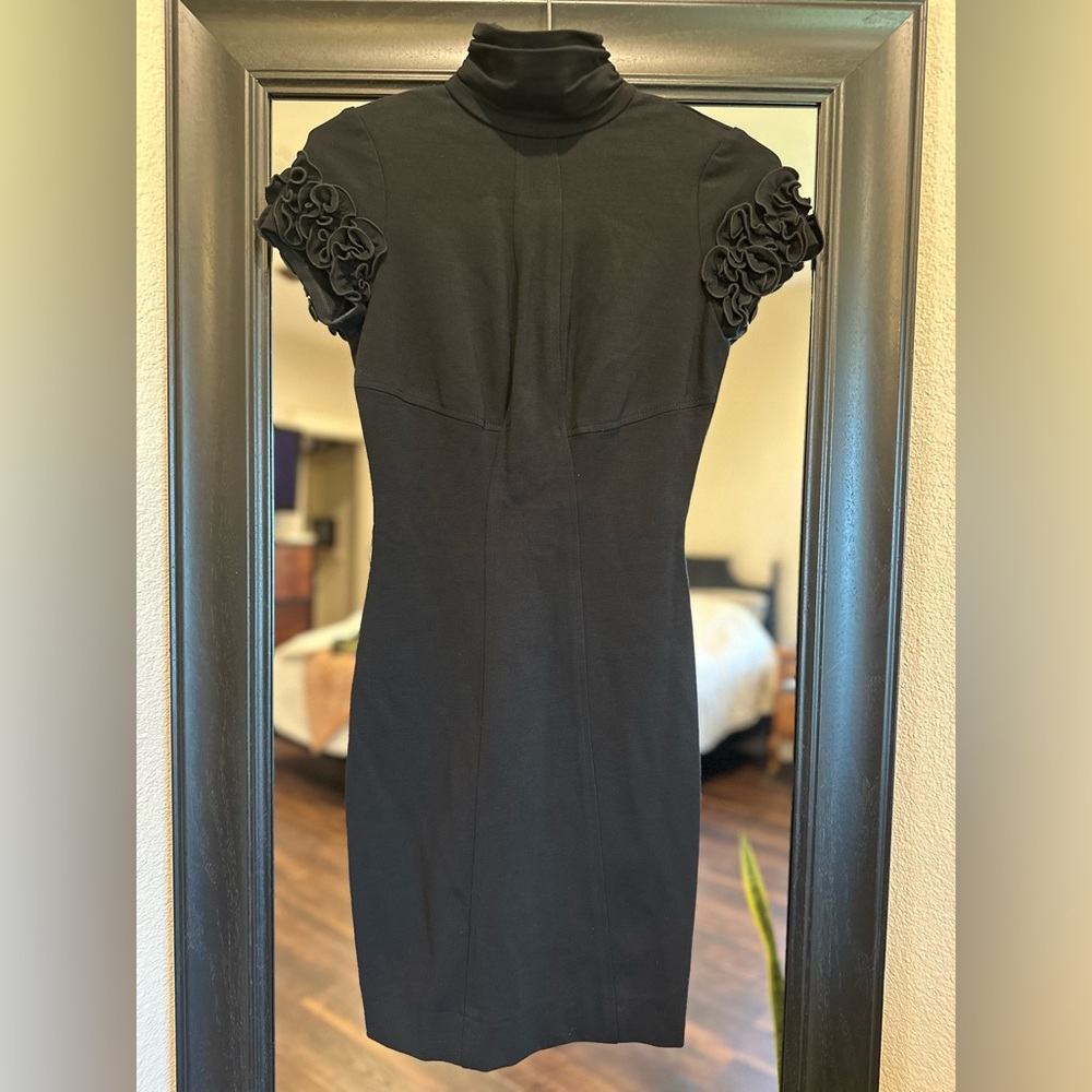 Black Short-Sleeve Turtleneck Sheath Dress